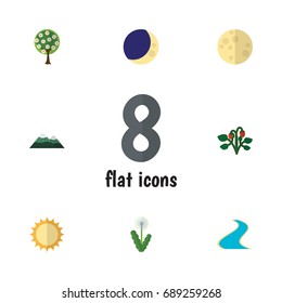 Flat Icon Bio Set Of Half Moon, Solar, Tributary And Other Vector Objects. Also Includes Moon, Strawberry, Sun Elements.