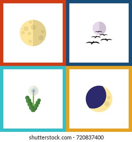 Flat Icon Bio Set Of Half Moon, Gull, Lunar And Other Vector Objects. Also Includes Dandelion, Gull, Sky Elements.