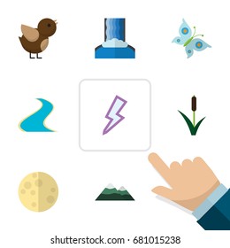 Flat Icon Bio Set Of Lightning, Bird, Peak And Other Vector Objects. Also Includes Waterfall, Reed, Grass Elements.