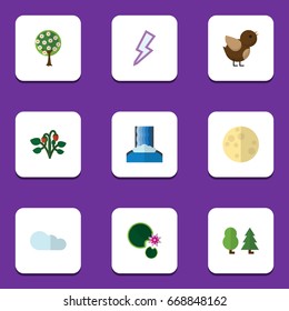 Flat Icon Bio Set Of Lunar, Lotus, Berry And Other Vector Objects. Also Includes Tree, Sky, Wing Elements.