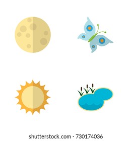Flat Icon Bio Set Of Lunar, Pond, Solar And Other Vector Objects. Also Includes Moon, Monarch, Pond Elements.