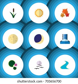 Flat Icon Bio Set Of Solar, Cascade, Lunar And Other Vector Objects. Also Includes Bird, Cascade, Tributary Elements.