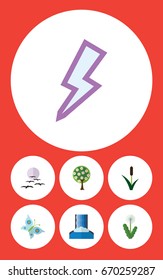 Flat Icon Bio Set Of Tree, Cascade, Cattail And Other Vector Objects. Also Includes Flower, River, Moth Elements.