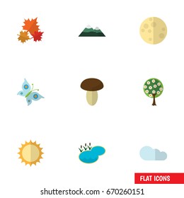 Flat Icon Bio Set Of Tree, Peak, Lunar And Other Vector Objects. Also Includes Pinnacle, Flower, Overcast Elements.