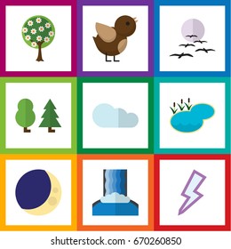 Flat Icon Bio Set Of Tree, Forest, Half Moon And Other Vector Objects. Also Includes Cascade, Thunder, Forest Elements.