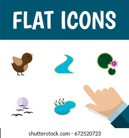 Flat Icon Bio Set Of Tributary, Bird, Gull And Other Vector Objects. Also Includes Moon, Lily, River Elements.