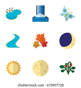 Flat Icon Bio Set Of Tributary, Canadian, Pond And Other Vector Objects. Also Includes Butterfly, Sky, Fruit Elements.