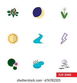 Flat Icon Bio Set Of Tributary, Pond, Floral And Other Vector Objects. Also Includes Flower, Berry, Sunshine Elements.