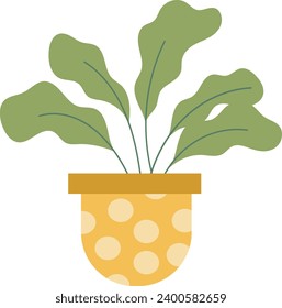 flat icon, bird's nest fern plant in a yellow pot with a white polka dot 