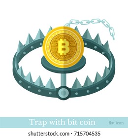 Flat icon with bit coin lay on the trap. Mining bit coin business illustration isolated on white svg