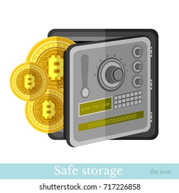 Flat icon bit coins with safe. Mining bit coin business illustration isolated on white svg