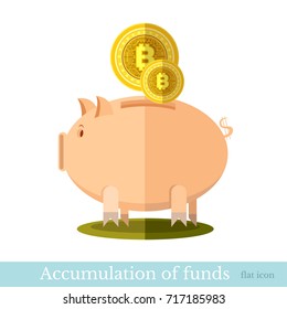 Flat icon bit coins under piggy bank. Mining bit coin business illustration isolated on white