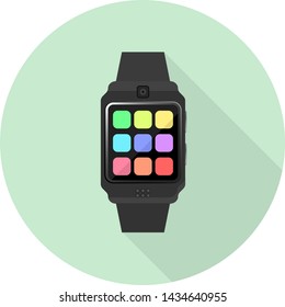 flat icon of black modern smart watch on green background