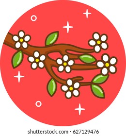 Flat icon blooming tree with leaves and flowers.