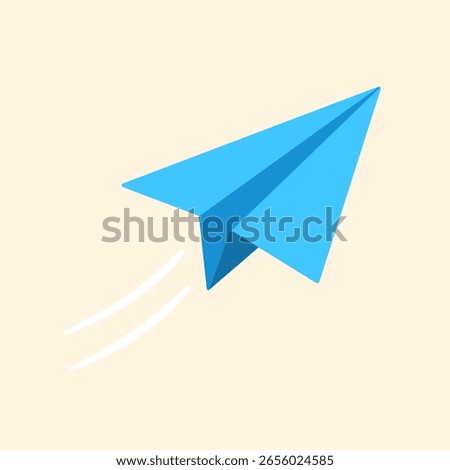 Flat icon of a blue paper airplane flying on beige background, symbolizing creativity, messaging, and forward motion