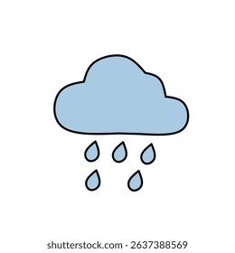 Flat icon of a blue rain cloud with falling raindrops, representing rainy weather. Suitable for forecast, climate change, and weather-related designs