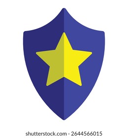 Ícone plano de um escudo azul com uma estrela amarela no centro, simbolizando proteção, autoridade, segurança ou crachá de aplicação da lei em um estilo mínimo e colorido.