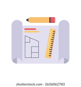 Flat icon of a blueprint paper with a pencil and ruler, used in planning and drafting engineering designs.