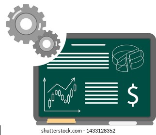 flat icon of flat board with business presentation and graphs on it and gear wheel symbol in the corner