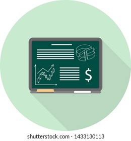 flat icon of flat board with business presentation and graphs on it on green background
