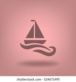 Flat icon. The boat floats on the waves. Sailing ship on the water.