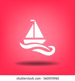 Flat icon. The boat floats on the waves. Sailing ship on the water.