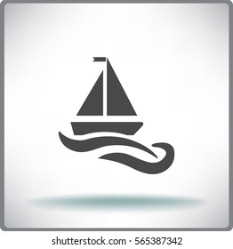 Flat icon. The boat floats on the waves. Sailing ship on the water.