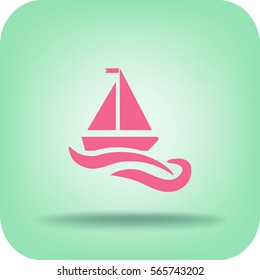 Flat icon. The boat floats on the waves. Sailing ship on the water.