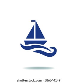 Flat icon. The boat floats on the waves. Sailing ship on the water.