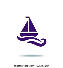 Icono plano. El barco flota sobre las olas. Barco de vela en el agua.