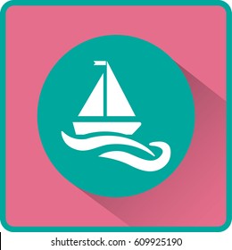 Flat icon. The boat floats on the waves. Sailing ship on the water.