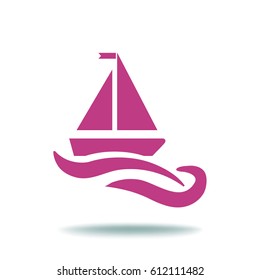 Flat icon. The boat floats on the waves. Sailing ship on the water.