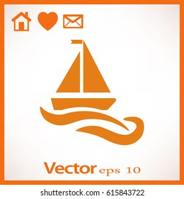 Flat icon. The boat floats on the waves. Sailing ship on the water.
