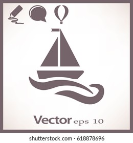 Flat icon. The boat floats on the waves. Sailing ship on the water.