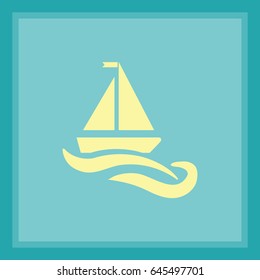Icono plano. El barco flota sobre las olas. Barco de vela en el agua.