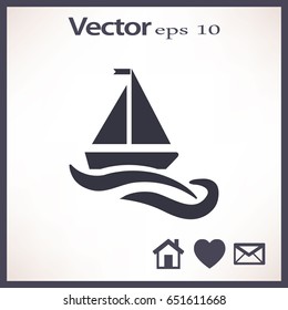 Flat icon. The boat floats on the waves. Sailing ship on the water.