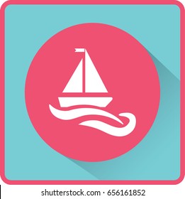 Flat icon. The boat floats on the waves. Sailing ship on the water.
