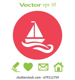 Flat icon. The boat floats on the waves. Sailing ship on the water.