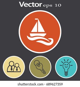 Flat icon. The boat floats on the waves. Sailing ship on the water.