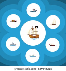 Flat Icon Boat Set Of Transport, Yacht, Vessel And Other Vector Objects. Also Includes Vessel, Ship, Transport Elements.