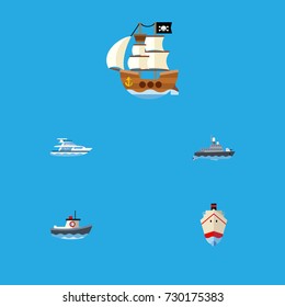 Flat Icon Boat Set Of Transport, Vessel, Ship And Other Vector Objects. Also Includes Shipping, Ship, Transport Elements.