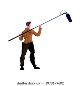 Flat icon with boom operator in headphones holding microphone vector illustration