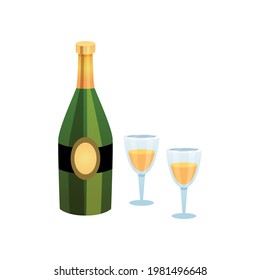 Flat icon with bottle of champagne and two glasses with drink isolated vector illustration