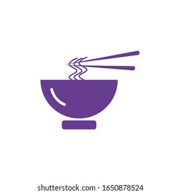 Flat icon of bowl of noodles with sticks. Menu element. Flat vector. Vector isolated sign. Violet bowl with noodles and sticks design. Web icon