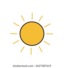 Flat icon of a bright yellow sun with rays, symbolizing sunny weather and daylight. Simple and colorful illustration for weather or nature design concept
