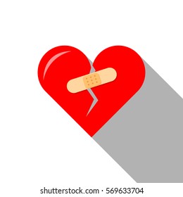 Flat icon of Broken heart with plaster, healing. Vector.