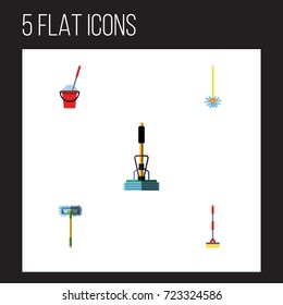 Flat Icon Broomstick Set Of Bucket, Broom, Broomstick And Other Vector Objects. Also Includes Sweeper, Bucket, Cleaning Elements.