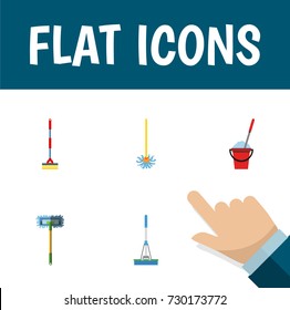 Flat Icon Broomstick Set Of Bucket, Broomstick, Cleaning And Other Vector Objects. Also Includes Cleaning, Mop, Besom Elements.