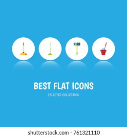 Flat Icon Broomstick Set Of Cleaner, Bucket, Equipment And Other Vector Objects. Also Includes Cleaning, Sweeper, Broom Elements.