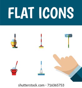 Flat Icon Broomstick Set Of Cleaning, Bucket, Besom And Other Vector Objects. Also Includes Mop, Equipment, Besom Elements.